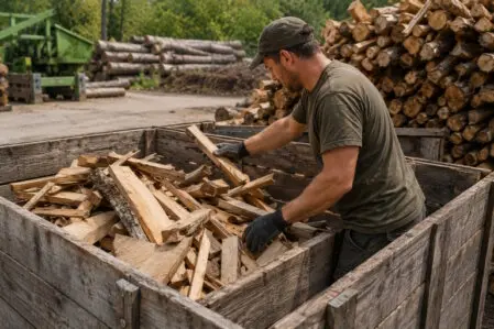 Un homme choisissant des morceaux de bois dans une caisse.