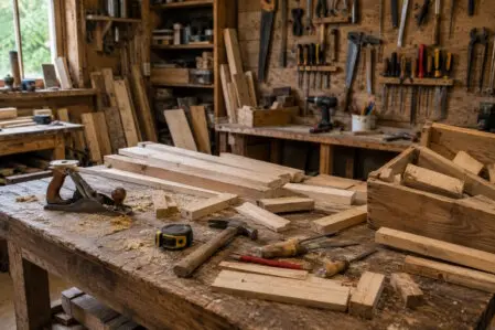 petit meuble en bois dans un atelier.